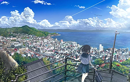 唯美城市景观 动漫女孩 楼梯 裙子 电脑 高清壁纸 4500×2800