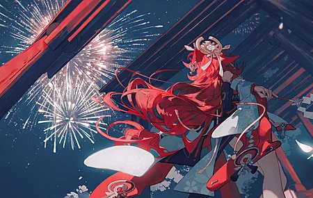 红发 长发 动漫 动漫女孩 原神 烟火 服装 电脑 4K高清壁纸 5366×2759