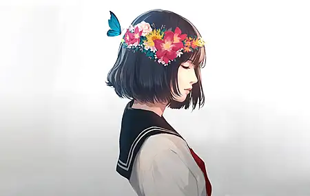 黑发 水手制服 花 头发里的花 蝴蝶 白色背景 简单背景 花冠 动物 昆虫 电脑 壁纸 4096×2304