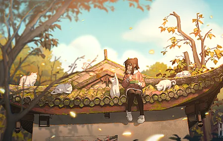 中国建筑 猫 吃 动漫女孩 兽耳 动物 电脑 桌面壁纸 4876×2743