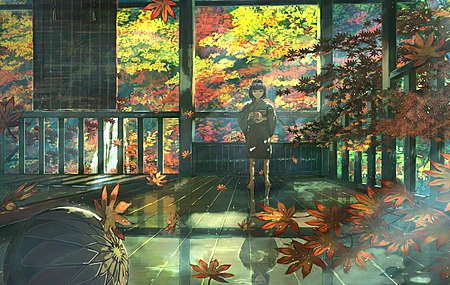经典儿童 站立 樱花 动漫女孩 动漫 和服 球 树叶 秋天 树 倒影 阳光 插图 电脑 4K壁纸 4093×2894