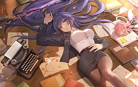 仰卧 躺着 紫色的头发 长发 动漫 动漫女孩 书籍 打字机 电脑 壁纸 3840×2160