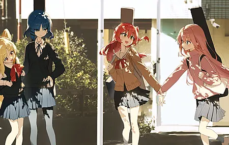 热门女学生 双手叉腰 长发 短发 动漫女孩 领结 校服 乐器 电脑 高清壁纸 4096×2212