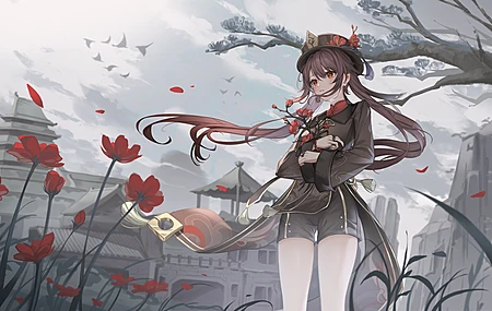 绚丽胡桃 原神 长发 动漫 动漫女孩 鲜花 花瓣 双尾 电脑 手机壁纸 3840×2160