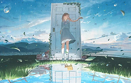 黑发 动漫 动漫女孩 插图 连衣裙 天空 草 水 树叶 电脑 壁纸 4800×2700