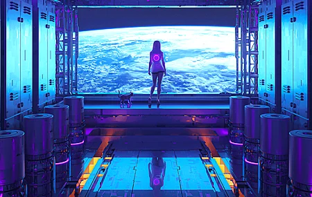 热门女性 空间 宇宙飞船 房间 室内 科幻小说 插图 AI艺术 空间站 电脑 4K壁纸 3840×2160