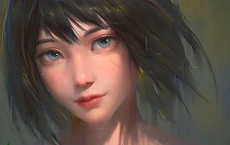 女性 蓝眼睛 深色头发 短发 脸 AI艺术 绘画 肖像 电脑 4K高清壁纸 5000×2515