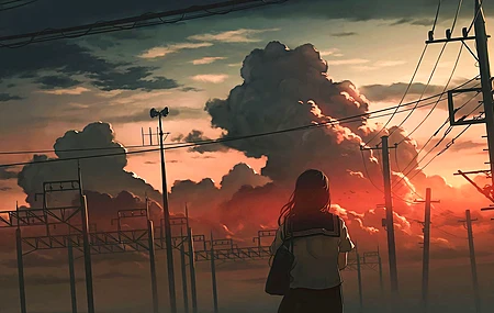 热门女学生 图片 日落 动漫女孩 云 天空 校服 夕阳辉光 电脑 手机壁纸 3840×2160