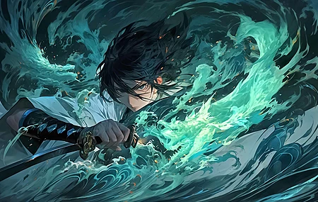 动漫 黑发 男人 武器 AI艺术 动漫男孩 水 电脑 壁纸 5000×2801