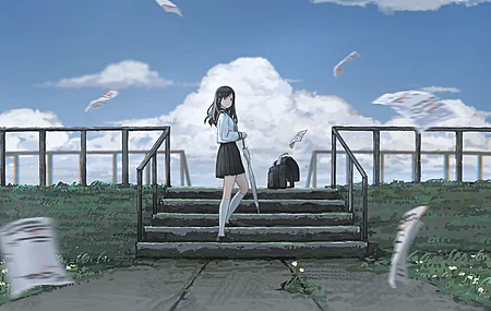 黑发 校服 云 晴空 伞 台阶 褶裙 白袜子 齐膝 动漫女孩 电脑 壁纸 5308×2800