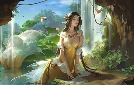 热门女人 梦幻女孩 美人鱼 梦幻艺术 AI艺术 生物 鸟 瀑布 植物 电脑 高清壁纸 5120×2880