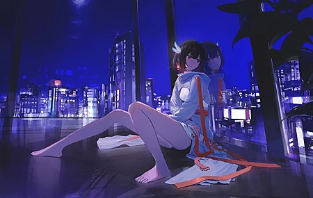 原创人物 赤脚 短发 深色头发 红眼睛 动漫女孩 夜晚 城市风光 电脑 壁纸 4096×2304