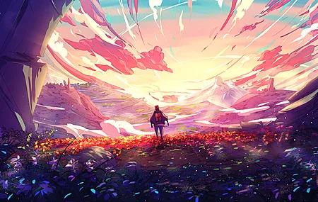 AI艺术 奇幻艺术 背包 云 日出 鲜花 山脉 电脑 无水印壁纸 3840×2160