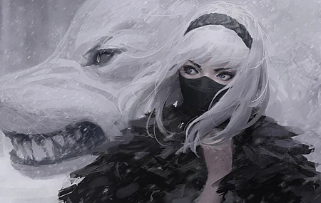 高清女人 奇幻女孩 白发 目光移开 原创人物 狼 电脑 无水印壁纸 4096×2333