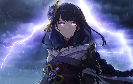 紫色头发 黑痣 辫子 雷登幕府 原神 闪电 雨 动漫女孩 数码灯光 紫色眼睛 和服 电脑 4K高清壁纸 3840×2160