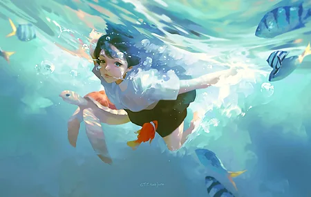 女人 深色头发 游泳 乌龟 鱼 插图 动漫女孩 电脑 4K高清壁纸 3840×2160