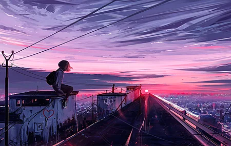 唯美AI艺术 城市 城市景观 太阳 天空 云 道路 动漫女孩 电脑 壁纸 3840×2160
