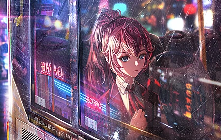 绝美马尾辫 蓝眼睛 动漫女孩 城市灯光 雨 窗户 电脑 手机壁纸 3840×2160