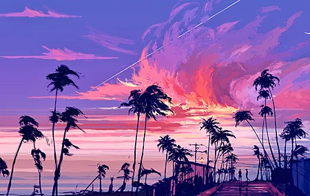 棕榈树 太阳 云 海滩 数码绘画 绘画 数码艺术 电脑 4K高清壁纸 4134×2776