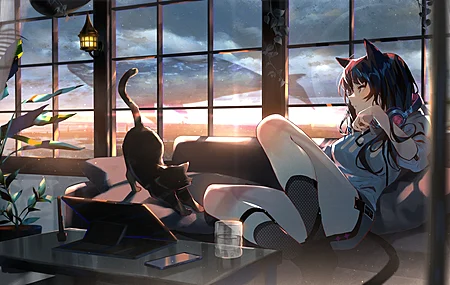 猫女孩 原创人物 黑发 动漫女孩 黑猫 房间 窗户 电脑 4K高清壁纸 4096×2304
