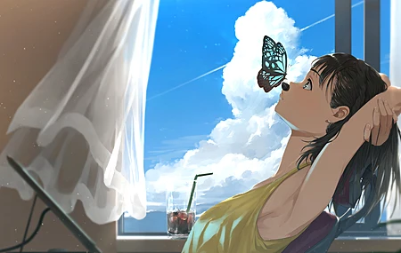 蓝眼睛 动漫 动漫女孩 黑发 背心 蝴蝶 窗户 天空 电脑 4K壁纸 5616×3508