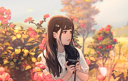 经典长发 黑眼睛 插图 花朵 阳光 黑发 电脑 壁纸 5337×2800