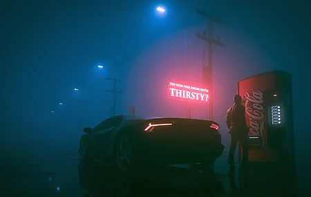 数码艺术 汽车 霓虹灯 可口可乐 薄雾 反射 车辆 夜晚 潮的街道 电脑 4K高清壁纸 3840×2160