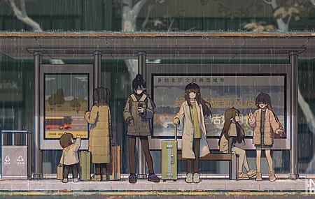 唯美动漫女孩 公交车站 雨 兽耳 数码艺术 公文包 城市 行李箱 电脑 4K壁纸 4661×2622