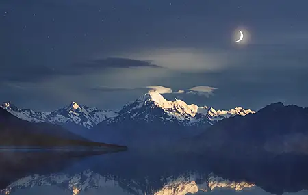 高清摄影 反射 风景 夜晚 夜景 新西兰 库克山 月亮 山 峰 湖 水 电脑 桌面壁纸 6000×4000