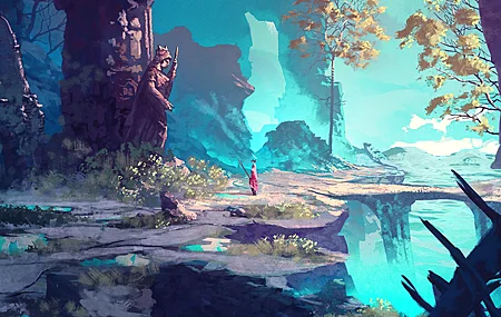 高清AI艺术 绘画 雕像 树木 路径 青色 电脑 壁纸 3840×2160