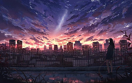 天空 城市景观 耳机 城市 摩天大楼 云 星星 日落 AI艺术 电脑 壁纸 3840×2160