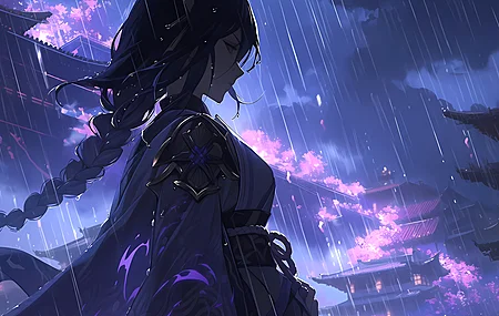 热门辫子 目光移开 动漫 动漫女孩 雨 原神 雷登幕府 电脑 高清壁纸 5376×3584