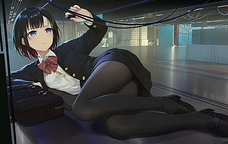 侧躺着 女学生 蓝眼睛 动漫 动漫女孩 领结 校服 裤袜 双色头发 电脑 壁纸 3840×2160