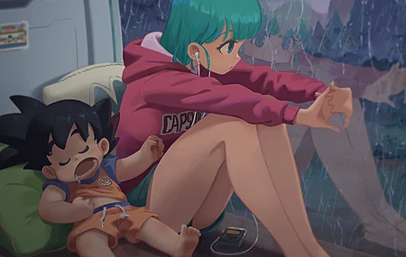 龙珠 小悟空 雨 睡觉 动漫女孩 动漫男孩 反射 耳机 电脑 4K高清壁纸 3840×2160