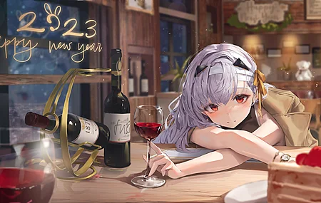 红眼 动漫 动漫女孩 红酒 酒杯 蛋糕 新年 电脑 4K高清壁纸 7927×4363