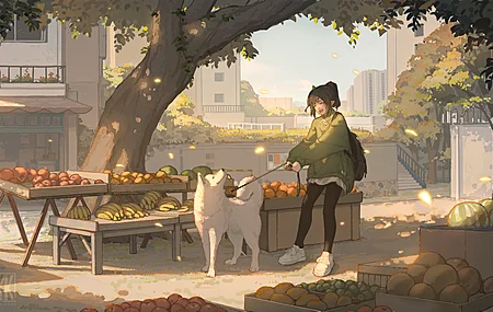 高清原创人物 落叶 动漫女孩 云 电脑 无水印壁纸 4753×2674
