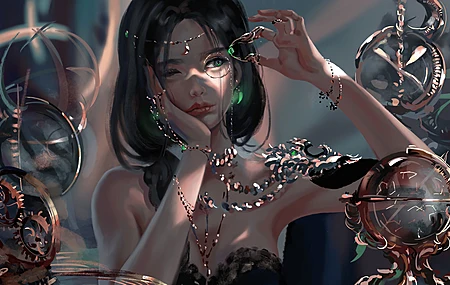 女人 面对面 闭上一只眼睛 幽灵之刃 手镯 齿轮 电脑 壁纸 5639×3000