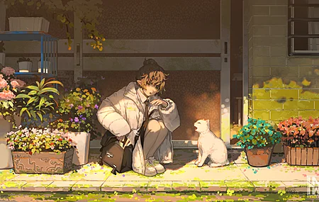 原创人物 蹲下 动漫女孩 猫耳朵 花 兽耳 猫 电脑 壁纸 4831×2718