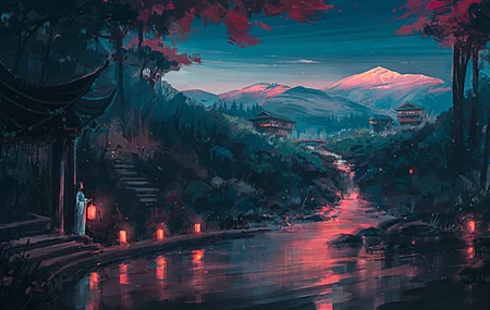 热门AI艺术 图片 插图 绘画 风景 自然 山脉 倒影 森林 树木 鸟取 桥 水 灯笼 电脑 高清壁纸 3840×2160