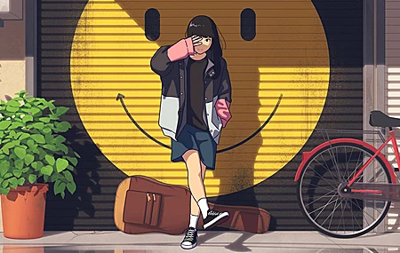 动漫女孩 微笑 剪裁 乐器 吉他 动漫 自行车 敞开夹克 手机 电脑 壁纸 3840×2160