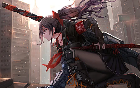 经典长发 红眼睛 马尾辫 动漫女孩 剑 制服 武器 迷你裙 连裤袜 黑色连裤袜 百褶裙 长袖 电脑 壁纸 3840×2160