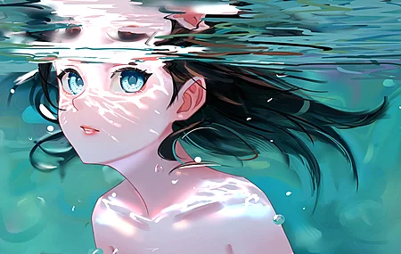 女人 长发 深色头发 蓝眼睛 AI艺术 插图 肖像 水 水下 绘画 反射 阳光 气泡 电脑 4K高清壁纸 4772×2685