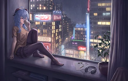女人在室内 坐着 在室内 下雨 窗户 喇叭 城市灯光 电脑 壁纸 3840×2160