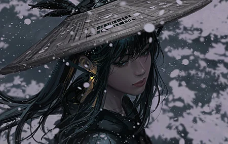 绚丽原创 人物 黑发 数码绘画 素描 帽子 草帽 雪 羽毛 风 肖像 无水印壁纸 4096×2561