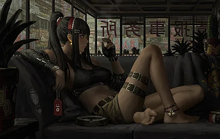 绚丽长发 赤脚 绘画 香烟 植物 皮带 护身符 AI艺术 无水印壁纸 4096×2404