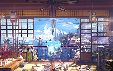 跆拳道 房屋 绘画 帆布 扇子 海滨 灯 阳光 室内 花瓶 花盆 画架 电线 风铃 花瓣 天空 阳台 大海 云 4K高清壁纸 4936×2515
