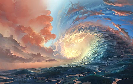 经典奇点 云 树 河流 AI艺术 扭曲艺术 风景 阳光 自然 桌面壁纸 3840×2160