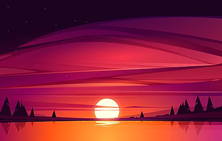 日落 湖泊 树木 太阳 AI艺术 紫色天空 星星 壁纸 3840×2160