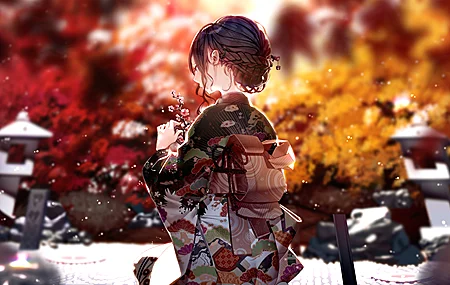 绝美长发 动漫 女孩 肖像 和服 景深 数码艺术 棕色眼睛 花 红花 黄花 粉花 4K壁纸 3840×2160