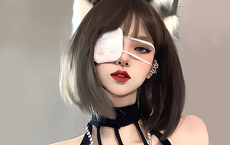 绝美深色皮肤 脸部 女性 齐肩头发 红色 口红 AI艺术 极简主义 简单背景 眼罩 毛茸茸 耳朵 兽耳 手机壁纸 3840×2160